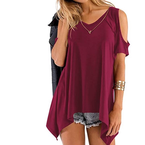 woman top short sleeve cold shoulder blouse - Picture 3 of 8